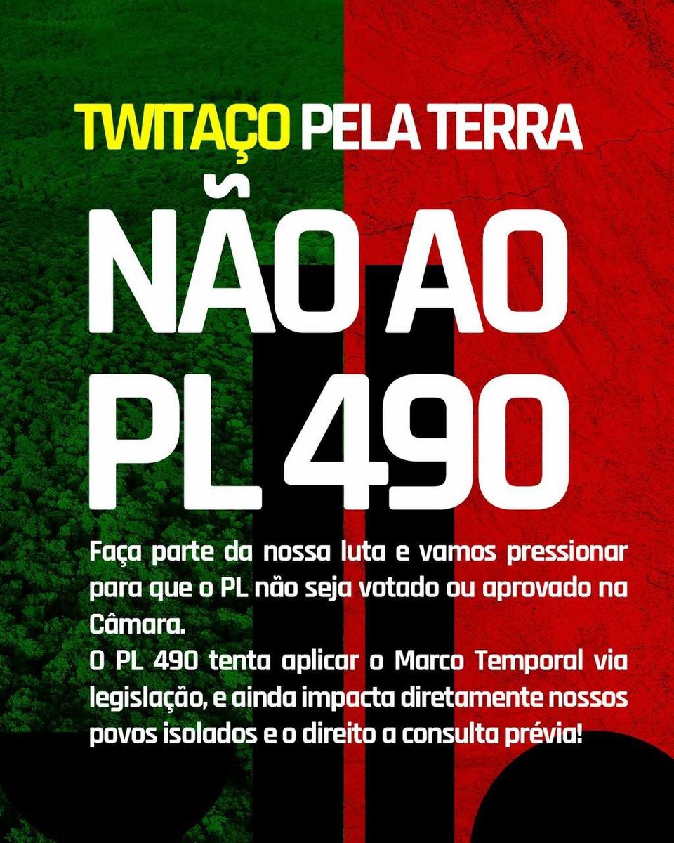 Deputados ruralistas querem aprovar o PL490 antes que o <a href="/STF_oficial/">STF</a> decida pela sua inconstitucionalidade. O marco temporal prejudica a demarcação das terras indígenas e as terras já demarcadas. 
Twittaço amanhã, 24, às 11h. Use #marcotemporalnão #PL490não #genocídiolegislado