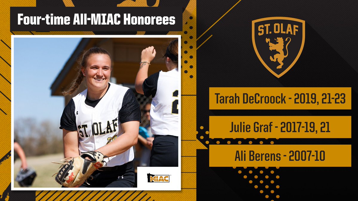 <a href="/StOlafSoftball/">St. Olaf Softball</a> 𝗗𝗶𝗱 𝗬𝗼𝘂 𝗞𝗻𝗼𝘄 ⤵️

Tarah DeCroock is just the third <a href="/StOlafSoftball/">St. Olaf Softball</a> student-athlete - and the 25th in conference history - to become a four-time All-MIAC selection! 

#UmYahYah | #OlePride | #d3sb