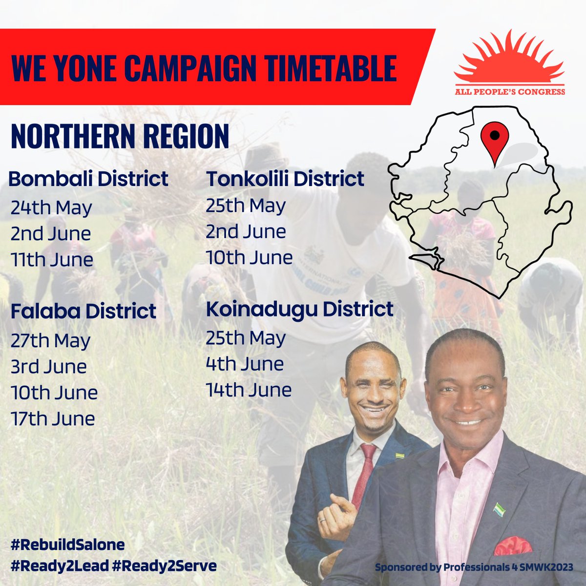 redandready2023's tweet photo. Are you ready for change? 

Do you want to be part of the #WanNation Campaign? 

Find your district and join Dr Samura Kamara's historic march to State House on June 24. 

©️Professionals 4 SMWK2023 https://t.co/BhFpQD8xcX