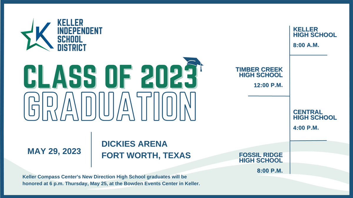 KellerISD's tweet photo. 🎓Graduation ceremonies for the Class of 2023 will take place on Monday, May 29, at Dickies Arena in Fort Worth. A live stream of the event will be available. For more information, visit https://t.co/YdfhWDDj4l. #CelebrateKISD #KISDGrad23 https://t.co/x5YK5YdmUq