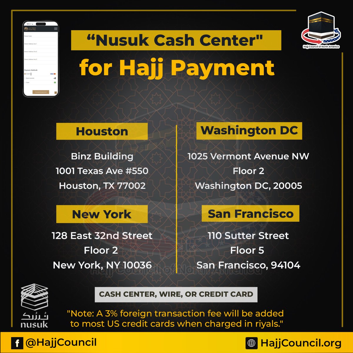 Experience the ease of payment at Nusuk Cash Centers in the US! 
#HajjPayment #ConvenientOptions #EasyBooking #hajj #Umrah2023 #makkah #hajj2023 #umrahtrip #UmrahVisa #Umrah #SeptemberUmrah #SpiritualJourney #Pilgrimage #BlessedMonth #booknow