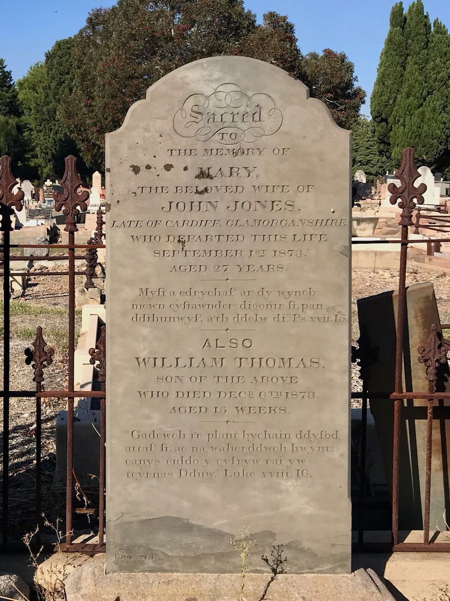 Adnodau Cymraeg ar garreg ym mynwent West Terrace Cemetery, Adelaide, De Awstralia: bedd Mary Jones a'i baban William Thomas (m. 1873), gwraig a mab i John Jones 'late of Cardiff, Glamorganshire'. [Diolch i Eryl Rowlands am ganfod y llun.] findagrave.com/memorial/15968…