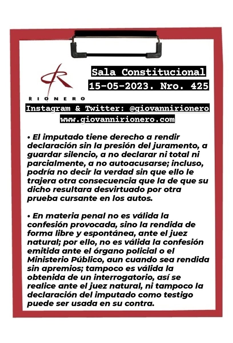 GiovanniRionero's tweet photo. Sentencia en la cual se advierte que: (i) el imputado está eximido de decir la verdad en el proceso; (ii) su confesión no es válida cuando se rinda ante órganos policiales o Fiscalía; y, (iii) lo dicho por él inicialmente en calidad de testigo no puede ser usado en su contra. https://t.co/8wWBG9jsdK