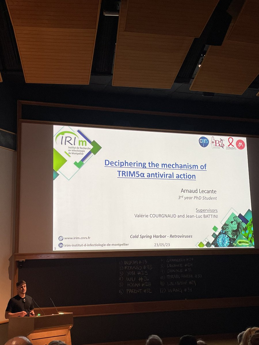 MHoumey's tweet photo. Awesome talk by Arnaud Lecante (@IRIM_life) about HIV-1 and TRIM5a  at #CSHLRetro (@Sidaction) ! https://t.co/3YXoVSqida