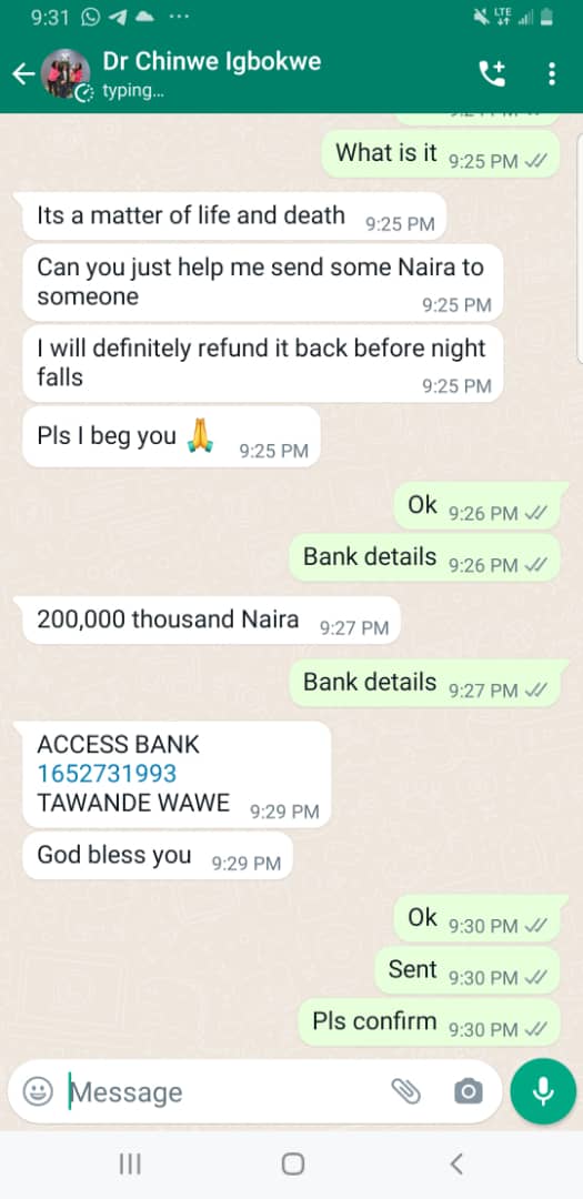 smilebukko's tweet photo. @myaccessbank A fraudster  hacked someone's  WhatsApp.
The fraudsters account details:
ACCESS BANK 
1652731993
TAWANDE WAWE
@officialEFCC @EFCC_pad https://t.co/RjK0oyUiCG