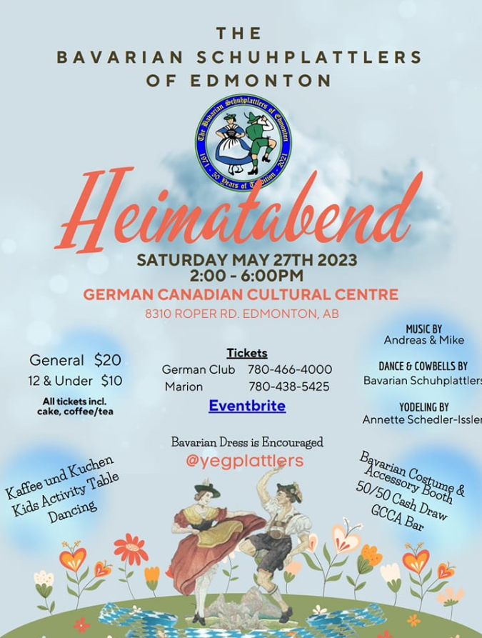 Heimatabend (Bavarian Dance &amp; Performance), May 27th, 2-6PM at the German Cultural Centre. Get your tickets! Call or click: eventbrite.com/e/heimatabend-… #yegevents #yegdance #yegfamily #edmonton #edmontonevents #yegfun