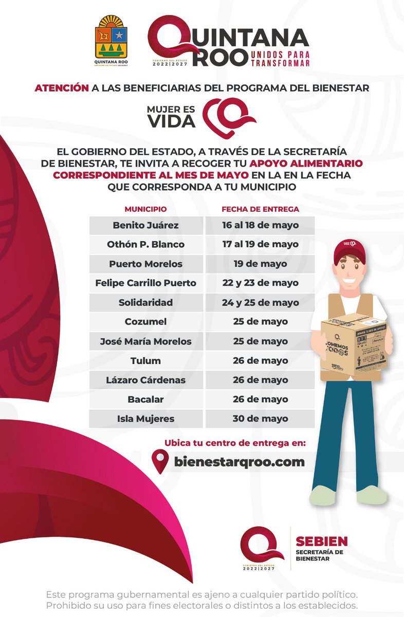 MaraLezama's tweet photo. Amigas ya estamos entregando los apoyos alimentarios "Comemos Tod@s" a las beneficiarias del programa #MujerEsVida, correspondiente a este mes. Aquí pueden consultar la fecha que les corresponde según su municipio👇y en este enlace: https://t.co/sXVIO4VJO2 pueden ver la ubicación de cada módulo de entrega. 

#UnidosParaTransformar