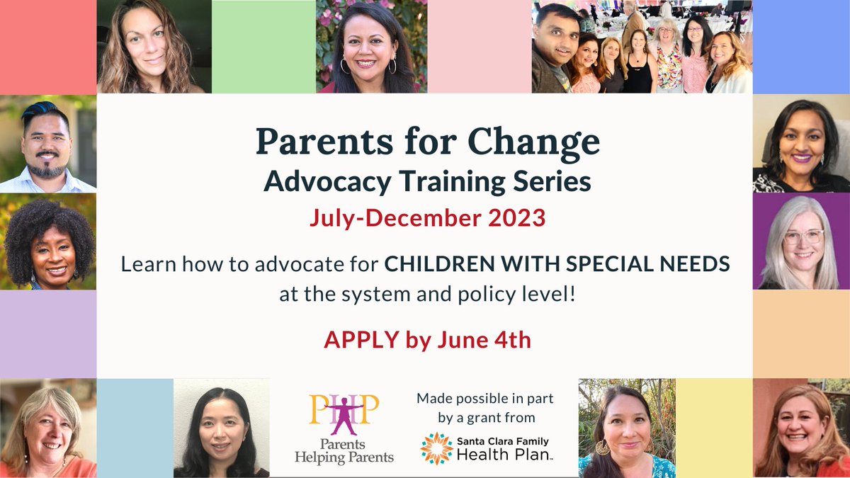 Improve school and service systems for your child!

Apply by June 4th:
tinyurl.com/parentsforchan…

#phpsanjose #advocacy #disabilityrights #disabilityadvocate #specialneeds #community #communitybuilding #leadership #parentleadership #parentadvocacy #changemakers #policychange