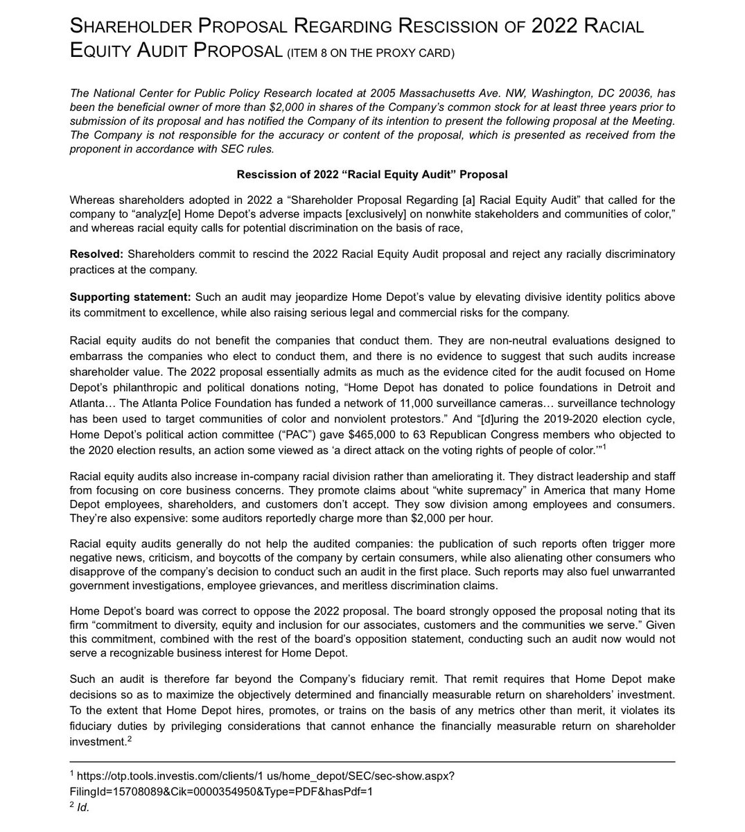 In addition to the anti-#ESG proposal mentioned by John, below, there was a second anti-ESG (anti-S) shareholder proposal at Home Depot $HD this year “regarding senior management commitment to avoid political speech.” This prop received just 1.6% support.
 
#ProxySeason #CorpGov