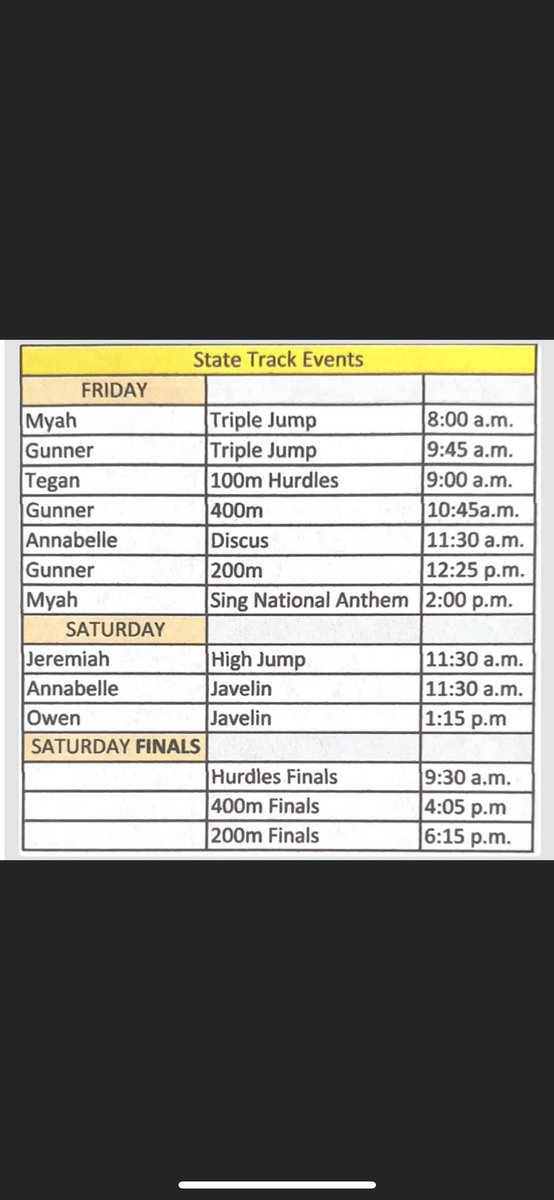State Track Fans this is when our athlete will compete.