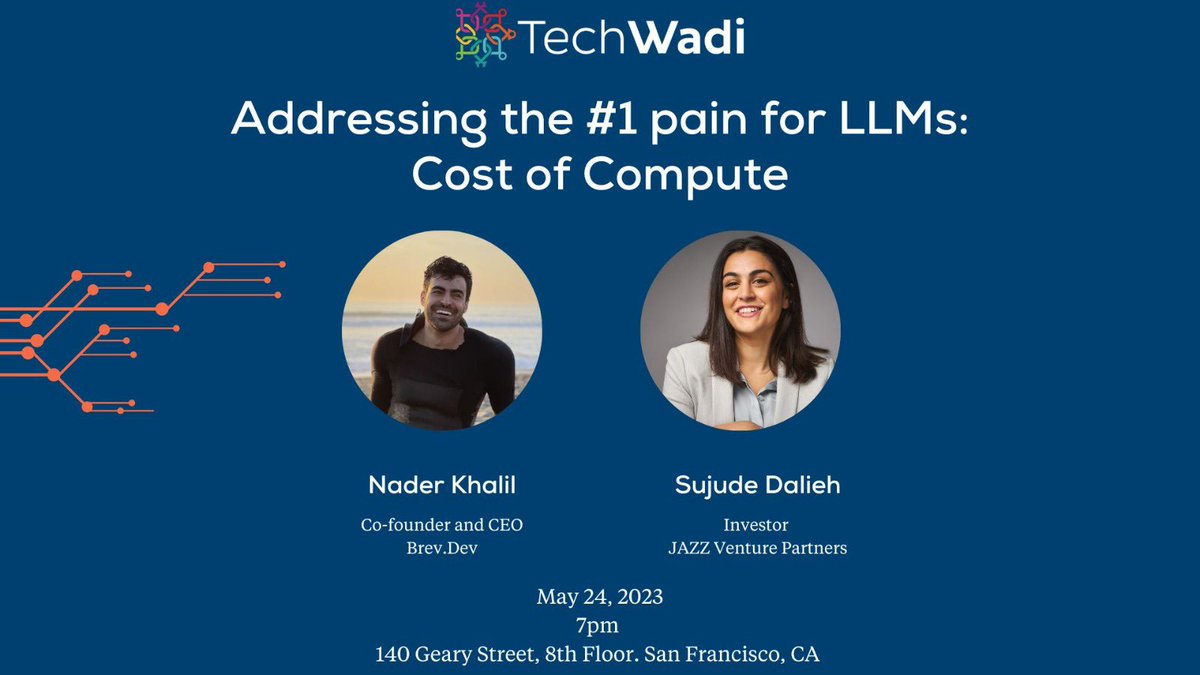 Pumped to spend time with <a href="/NaderLikeLadder/">Nader Khalil🍊</a> from <a href="/brevdev/">brev.dev</a> and <a href="/sujude/">sujude</a> from <a href="/JAZZ_VP/">JAZZ Venture Partners</a> to talk compute, LLMs, Gen AI and more this Wed in San Francisco. Come for the subject, stay for people ! 
RSVP: eventbrite.com/e/addressing-t…