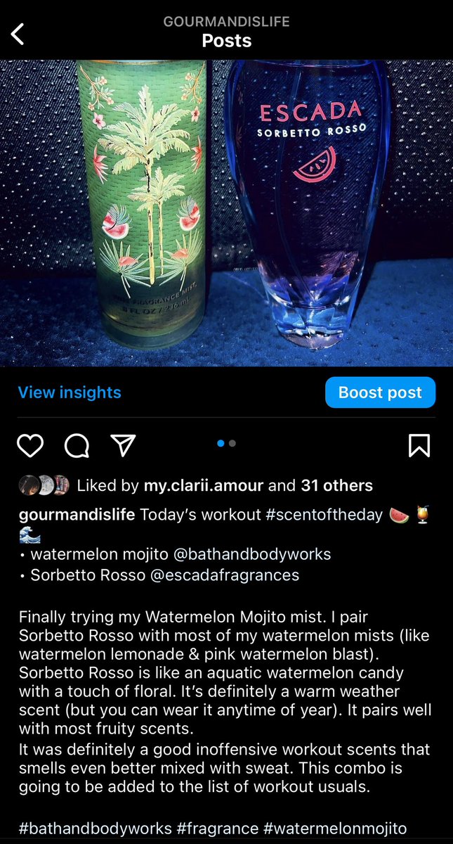 GourmandIsLife's tweet image. April 15th workout #scentoftheday 🍉🍹🌊
• watermelon mojito #bathandbodyworks 
• Sorbetto Rosso #escada

#fragrancecombo #fragrances #workoutfragrances #fragrancecommunity