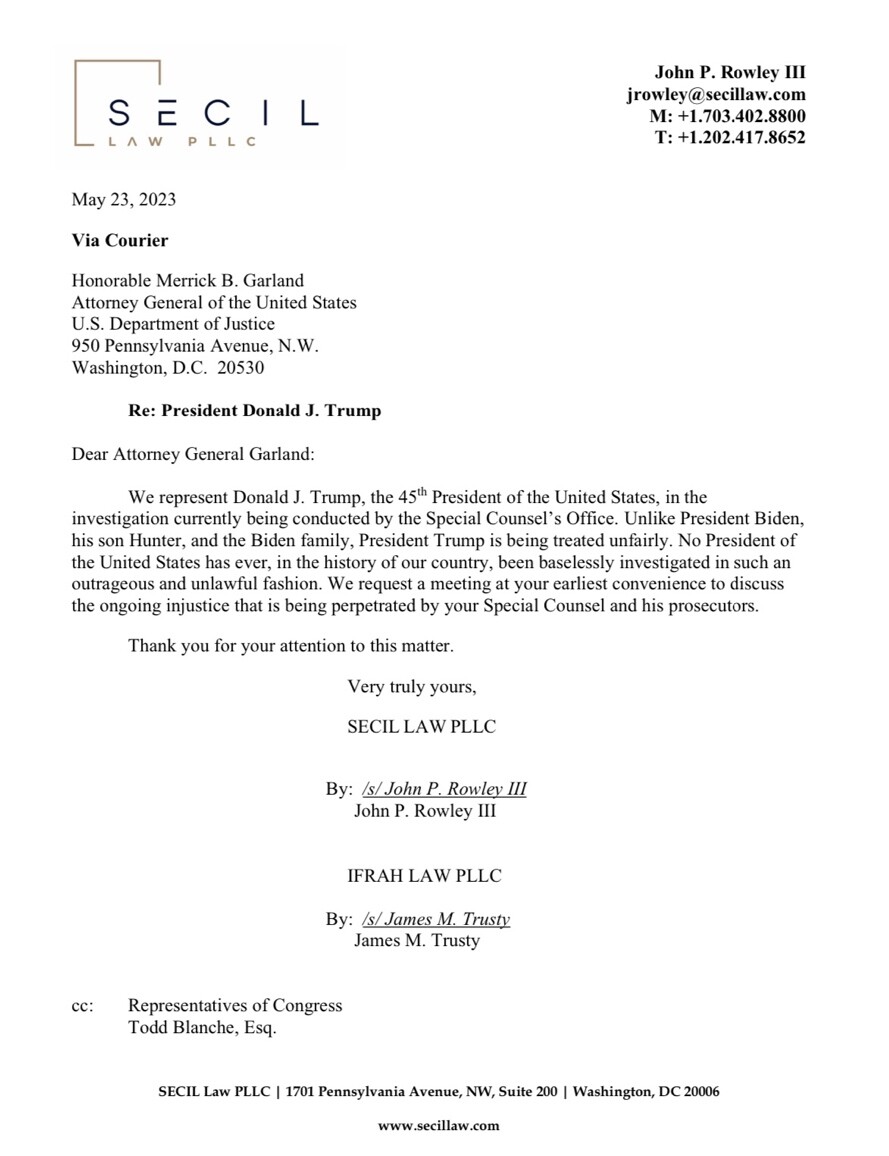 Per a letter he posted on Truth Social, Trump's attorneys John Rowley & James Trusty have written to Attorney General Garland requesting a meeting “at your earliest convenience to discuss the ongoing injustice that is being perpetrated by your Special Counsel and his…