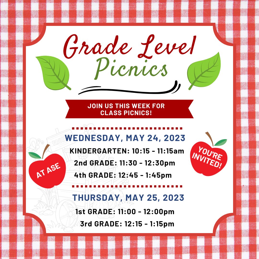 Join your students this week for class picnics at ASE! Bring a blanket or a lawn chair if you’d like to sit. Be sure to bring cash if you would like to purchase lemonade from the 4th graders raising money for charity! 📷📷
EDIT: 4th Grade Picnic Time! #MultitaskingGoneWrong