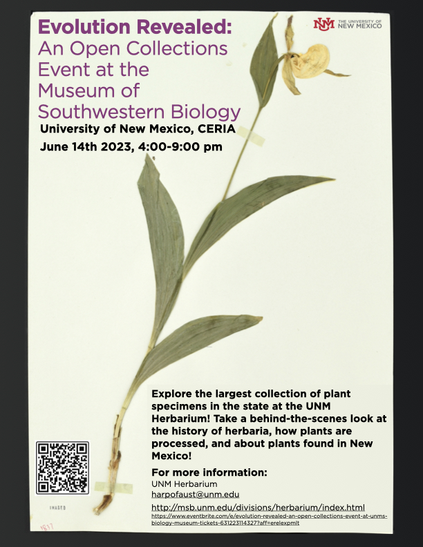 Come to <a href="/UNM_MSB/">Museum of Southwestern Biology</a> June 14th for an exciting open house. The herbarium will be one of 8 divisions open to the public displaying our collections. I encourage anyone in the southwest to come! Sign up is below!

eventbrite.com/e/evolution-re…