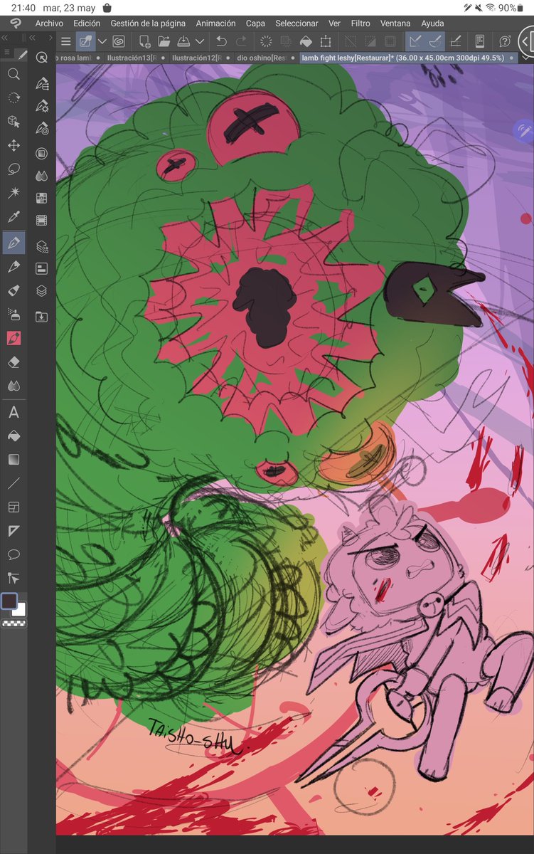 Taisho_shu's tweet photo. Process work!
#CultoftheLamb #cultofthelambfanart #fanart #lamberto #leshy #fight #COTL  #artwork https://t.co/hTHk85FPAf