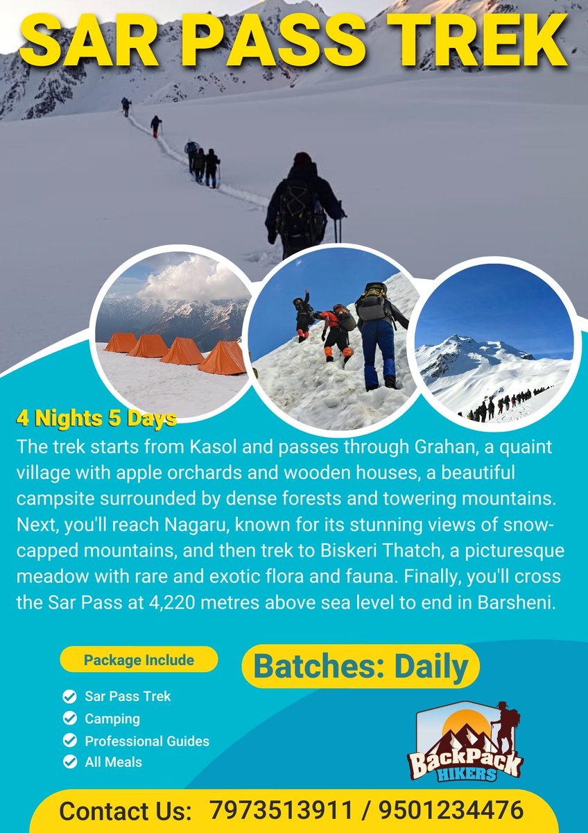 backpackhikers's tweet photo. Sar Pass Trek
Daily Batches 

Bookings Open!!!

Call or Whatsapp 7973513911/ 9501234476/9816587431
#churdhartourism #nohradharadventurecamps #backpackhikers #Trekking #hiking #Camping #sarpass #sarpasstrek https://t.co/eOH8r81nWh