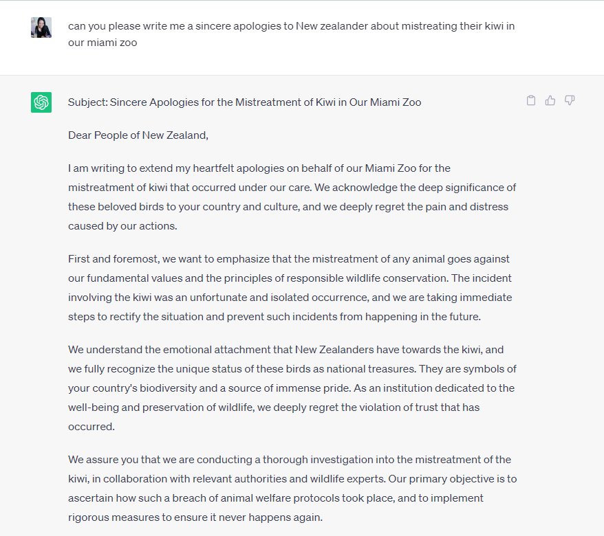 jacqc's tweet photo. @zoomiami I asked Chat GPT to write an apology message for you, which includes more important actions than what you have addressed in your message. https://t.co/NH5IW5254N