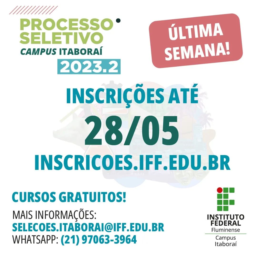 *ÚLTIMA SEMANA*

Você já viu nossas lista de cursos para início no segundo semestre de 2023?

São cursos técnicos e de qualificação profissional gratuitos e com certificado.

Aproveite esta oportunidade e se inscreva!

👥️ 735 vagas
🆓️ 8 Opções de cursos gratuitos