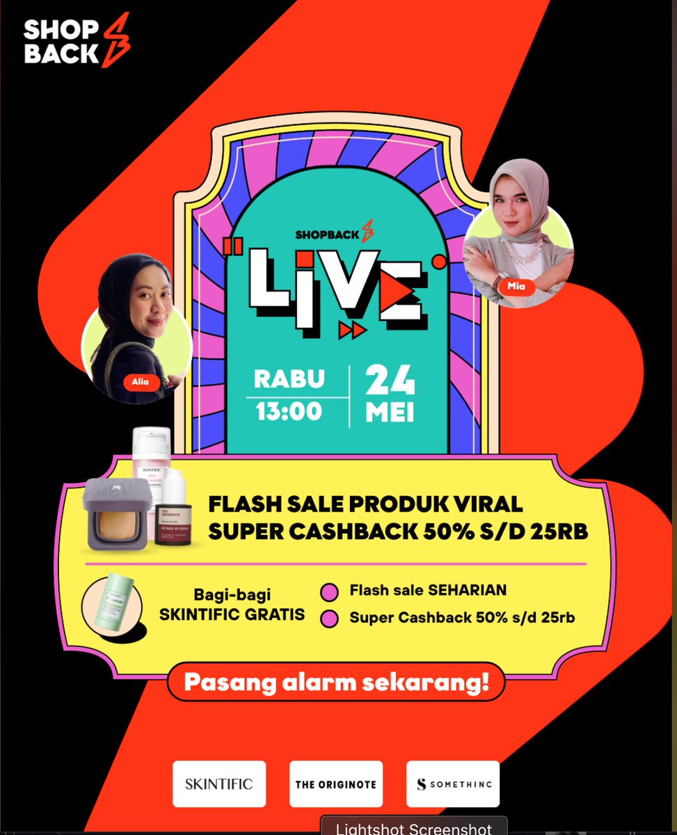 HARI INI JAM 1 SIANG ShopBack bakal livestream di aplikasi ShopBack nih! Mimin mau bagi-bagi skincare Skintific GRATIS buat 3 orang dan promo-promo Cashback lainnya ❤️

Jangan lupa nonton lewat sini ya --> app.shopback.com/SBHOMEPAGEIG23