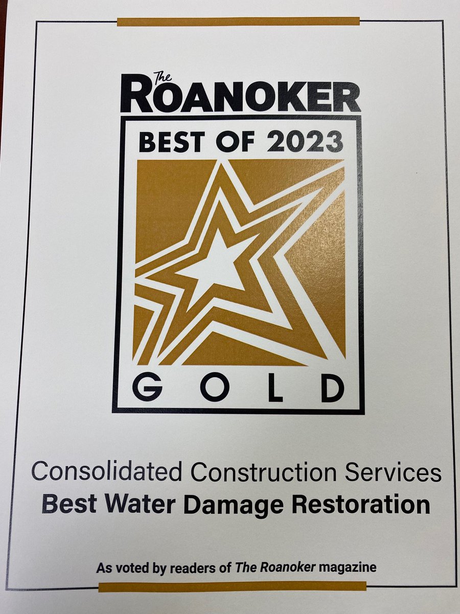 ConConstSvces's tweet photo. It takes an incredible hard working Mitigation Team to earn the communities respect and receive this award. Thank you Roanoker magazine! 
Water Damage Restoration Gold Award for 2023!!
Consolidated Construction Services 
https://t.co/jNgiopjlMp  540.725.3900 https://t.co/XX8SJEaF0y