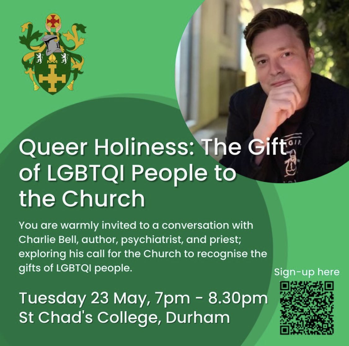 margaretmasson's tweet photo. Excellent conversation @StChadsDurham this evening with @charliebelllive talking about Queer Holiness.  Engaging, open discussion - generous, thought provoking &amp; hopeful. https://t.co/LDtcmgGlNZ