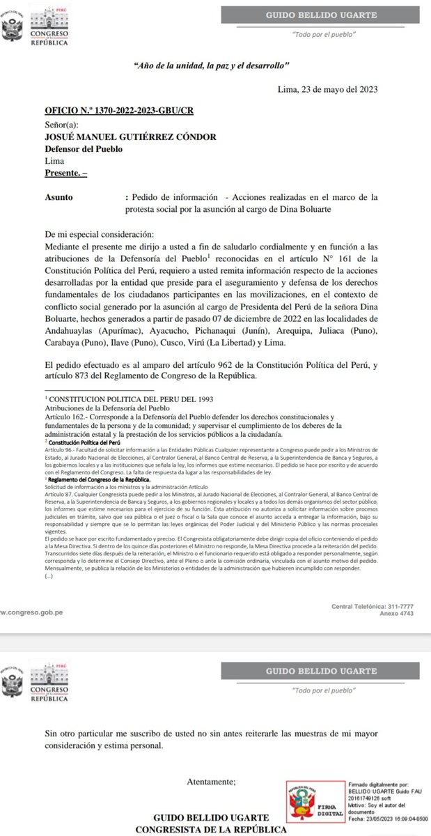GuidoBellidoU's tweet photo. Solicitamos al Defensor del Pueblo que presente un informe detallado sobre las acciones realizadas por la entidad para garantizar y defender los derechos de los ciudadanos durante el conflicto social. La protección de los derechos es fundamental para superar momentos de crisis. https://t.co/g2q8JqfoKC