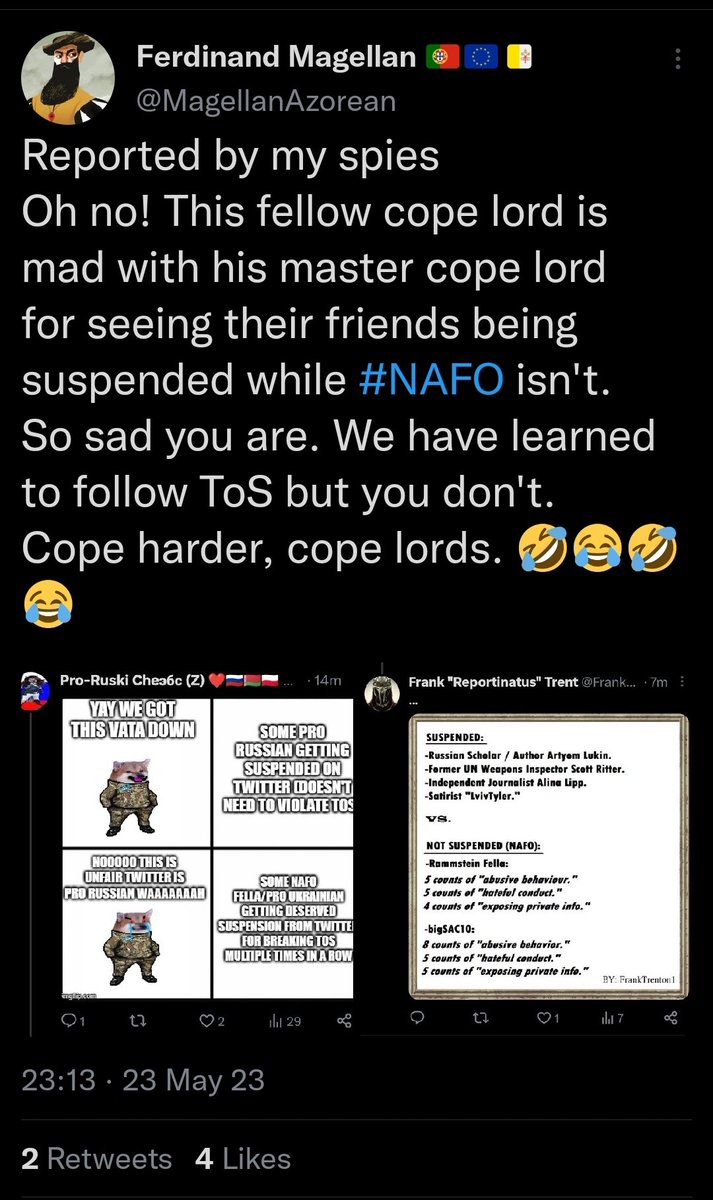 mageIIanazorean's tweet photo. Reported by my pigeons.
Doppio, my sweet Doppio, you need to understand that people have choice of following/not following TOS, and NAFO tends to violate TOS alot, and in beginning no one retaliated, but then NAFOids started crying once we started retaliating https://t.co/aoPe2vBaNn