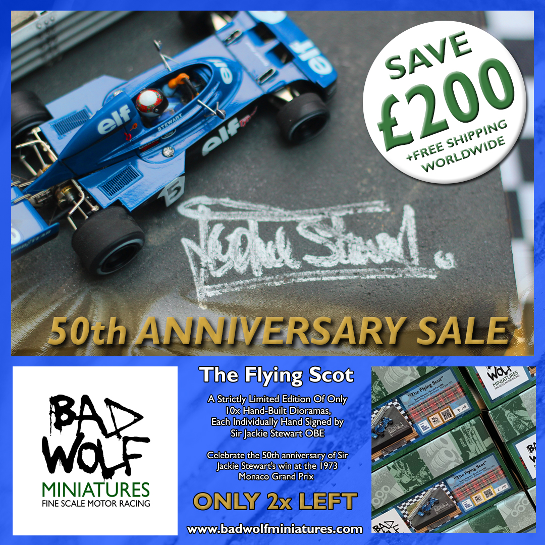 badwolfminif1's tweet photo. SAVE £200 on last 2x of these Sir Jackie Stewart Dioramas… now on sale to celebrate the 50th Anniversary Sir Jackie’s victory in the 1973 Monaco Grand Prix #f1 #f1model #monaco #montecarlo https://t.co/N101qeWrpp https://t.co/lSA5Vd7q15