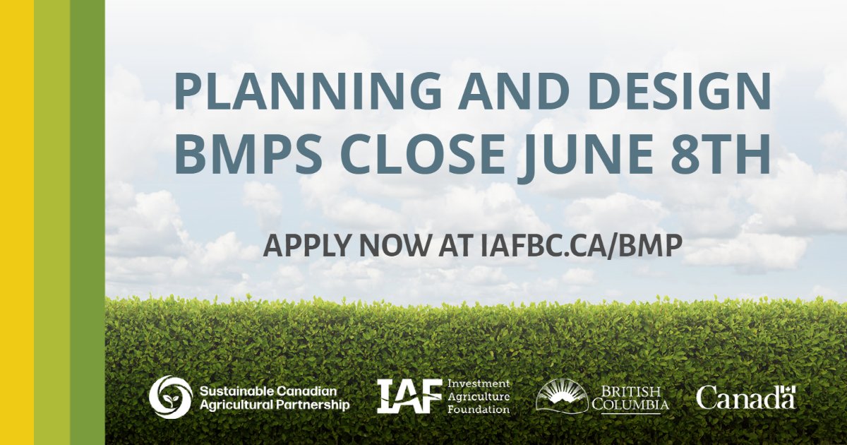 Last chance to apply for planning and design BMPs, applications close June 8th!
View the list of eligible BMPs and apply at iafbc.ca/bmp 
#BeneficialManagementPractices #FundingOpportunity #SustainableAgriculture #CdnAgPartnership