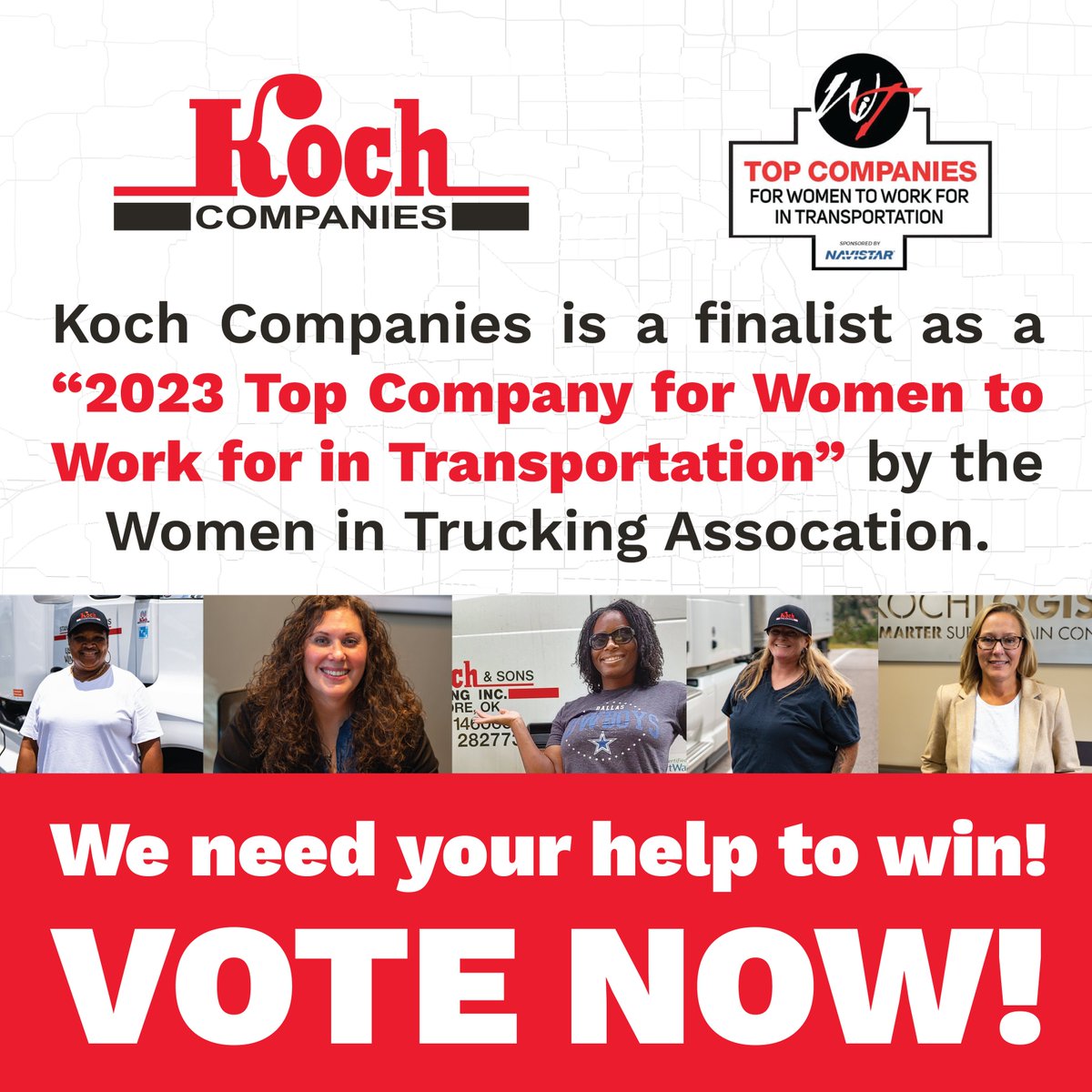 Please take a minute to cast your vote for Koch Companies as a "2023 Top Company for Women to Work for in Transportation"  here - bit.ly/3MOxK1P
#womenintrucking #trucking #truck #truckdriver #trucker #logistics #truckdaily #truckinglife #transportation #transport