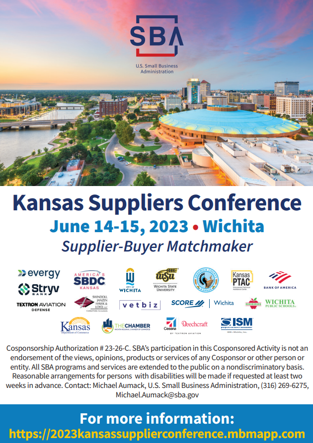 SBA_Wichita's tweet photo. 💥In 21 Days💥 Find new #customers at the 2023 #Kansas Suppliers Conference! Register to participate in 1-on-1 #matchmaker meetings with businesses and public agencies needing your product or service! 
📆 June 14-15 in Wichita
📲 https://t.co/3CqEsMqfdW https://t.co/RtxkEUzrPj