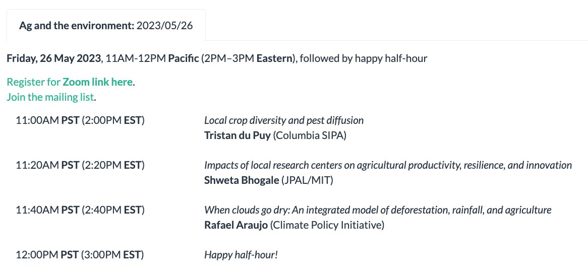 AERE@OSWEET returns on Friday (5/26, 11am PST) with 3 fantastic talks on #agriculture and the #environment!

🌿Tristan du Puy
🌿Shweta Bhogale @sbhogale
🌿Rafael Araujo @AraujoCRRafael

Zoom link:
williams.zoom.us/meeting/regist…

#EconTwitter #AgEcon #EnvEcon @AereOrg