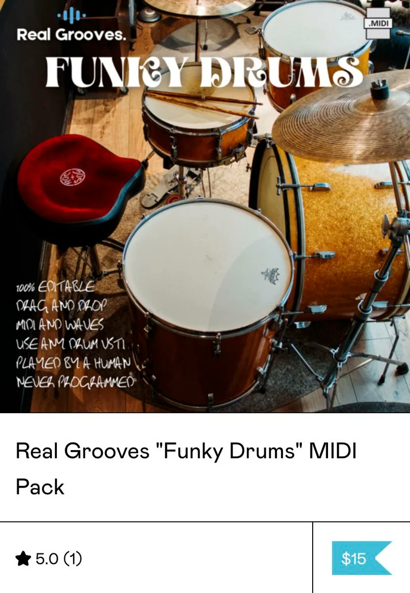 RGA_Audio's tweet photo. Make it funky with 5-Star rated Real Grooves "Funky Drums" MIDI Pack on @Gumroad 😎https://t.co/m1iizliy4n
#studiotools #midibeats #funkbeats #groovepacks #mididrums #musicians #homestudio #vst #drums #Midi #realfeel #synched #royaltyfree https://t.co/boqgiz0eIe https://t.co/P5mCBHLQSo