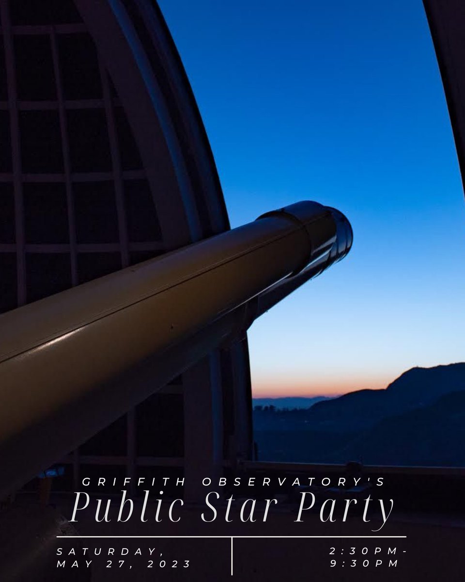 Griffith Observatory will host our monthly public star party this Saturday, May 27, weather permitting. The free event will run from 2:00 p.m. to 9:45 p.m.

Please note that the Observatory does not allow for the operation of private, unauthorized telescopes on our grounds.