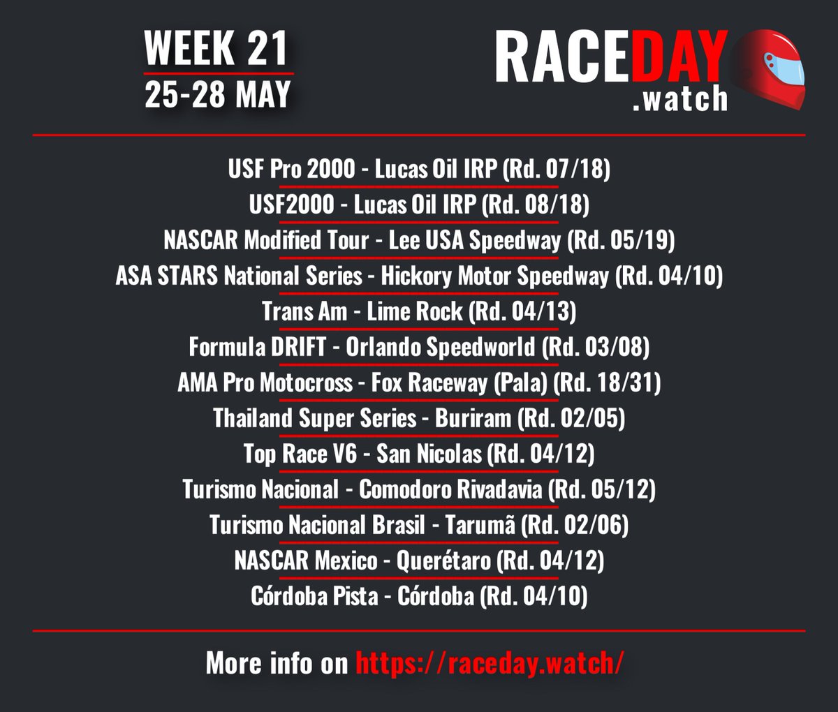 Week 21 on RaceDay.watch!

#F1 #MonacoGP #F2 #F3
#INDYCAR #Indy500 
#NASCAR #CocaCola600 
#DTM #DTM2023 
#BritishGT
#GTOpen #EFOpen #IF4C 
#TCRSeries #TCRWorldTour
#USFPro
#NASCARRoots
#FormulaDRIFT #FormulaD
#TRV6
#TurismoNacional
#NASCARMéxico