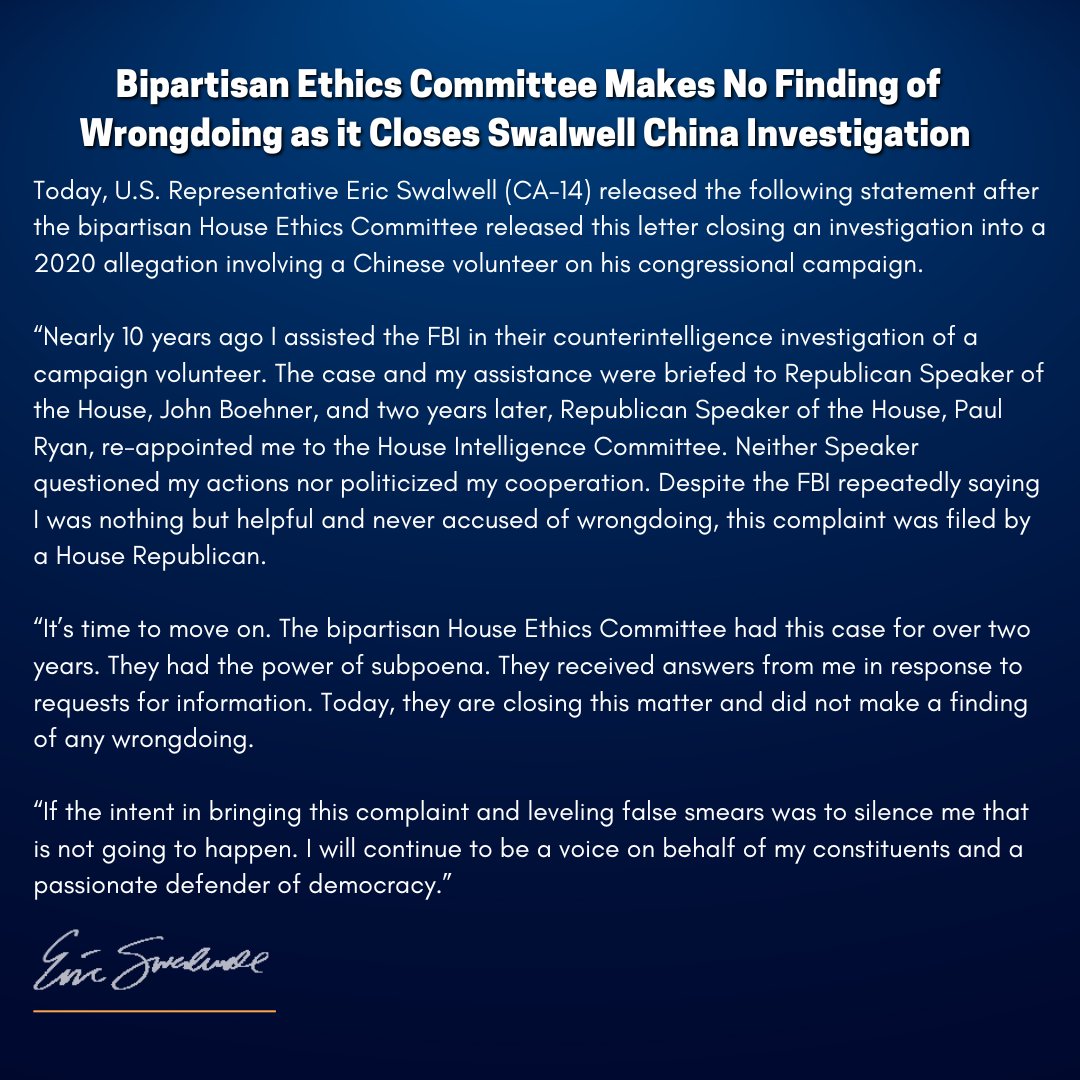 RepSwalwell's tweet image. For years MAGA GOP has falsely smeared me to silence me.  Today the Bipartisan Ethics Committee closed its investigation into a volunteer on our campaign w/o finding wrongdoing. My statement: