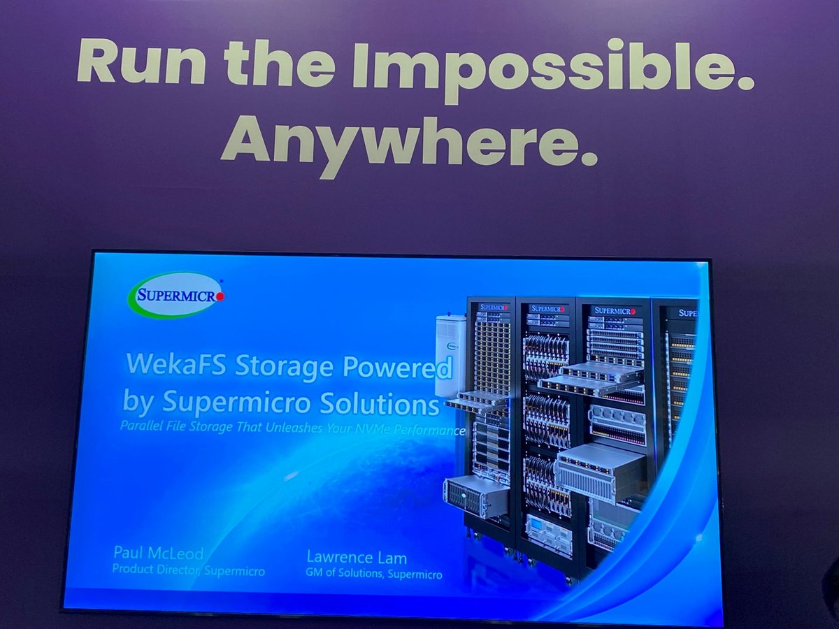 Supermicro's tweet photo. We’re showcasing the latest Supermicro WekaIO-ready systems developed in collaboration with storage partners WEKA at #ISC23.
Learn more about Supermicro Distributed Storage Solutions here:
https://t.co/MAvKp3QhFl
#ISC2023 #Supermicro #AccelerateEverything #AI #HPC https://t.co/VL6TO23F9d
