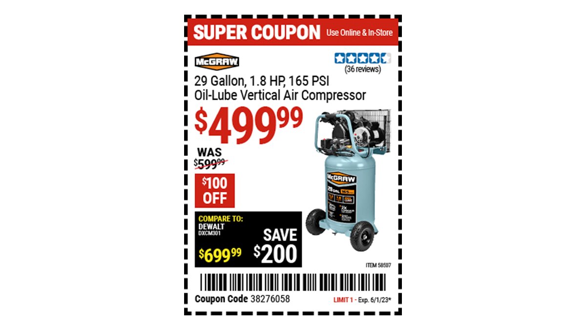Harbor Freight on Twitter "Buy the MCGRAW 29 gallon, 1.8 HP, 165 PSI