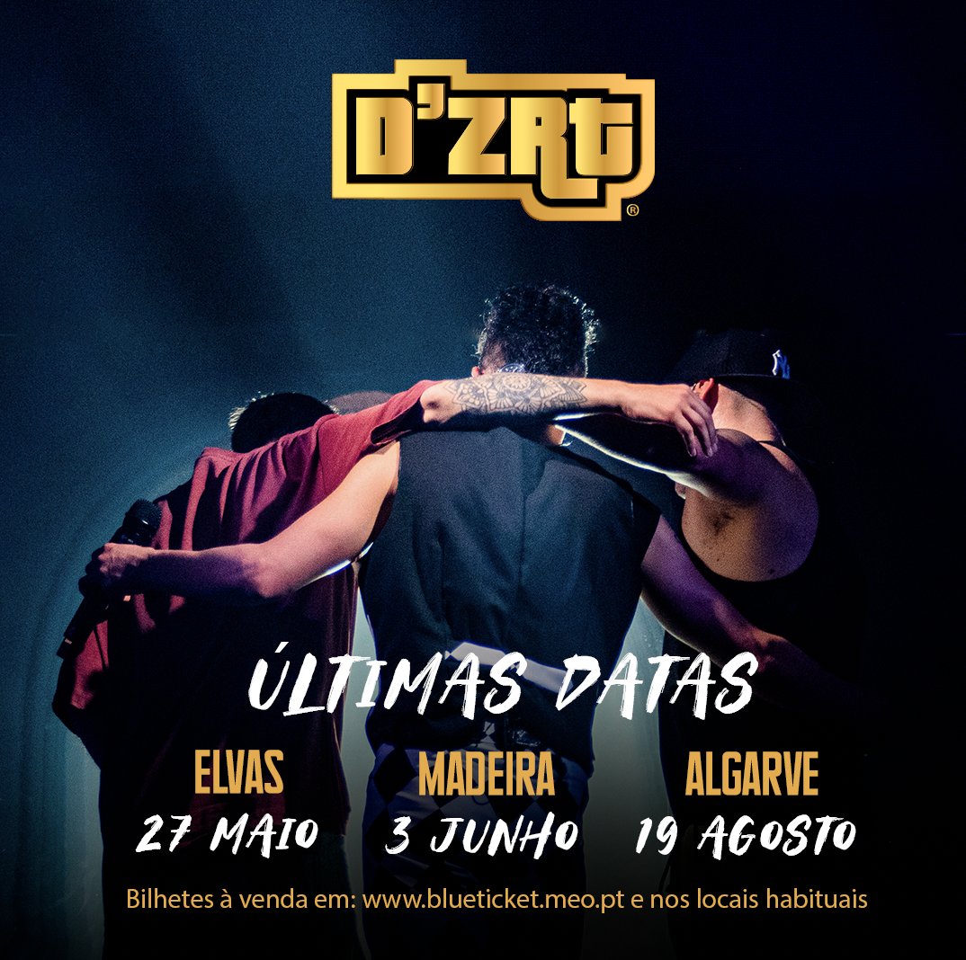 Já demos 9 concertos e que estamos a chegar ao fim da Encore tour! 😳😥

Dia 27, no coliseu de ELVAS será a última data no continente antes do grande final especial no Algarve.
🔥
Bilhetes à venda aqui blueticket.meo.pt/Event/7459/ #dzrt2023
