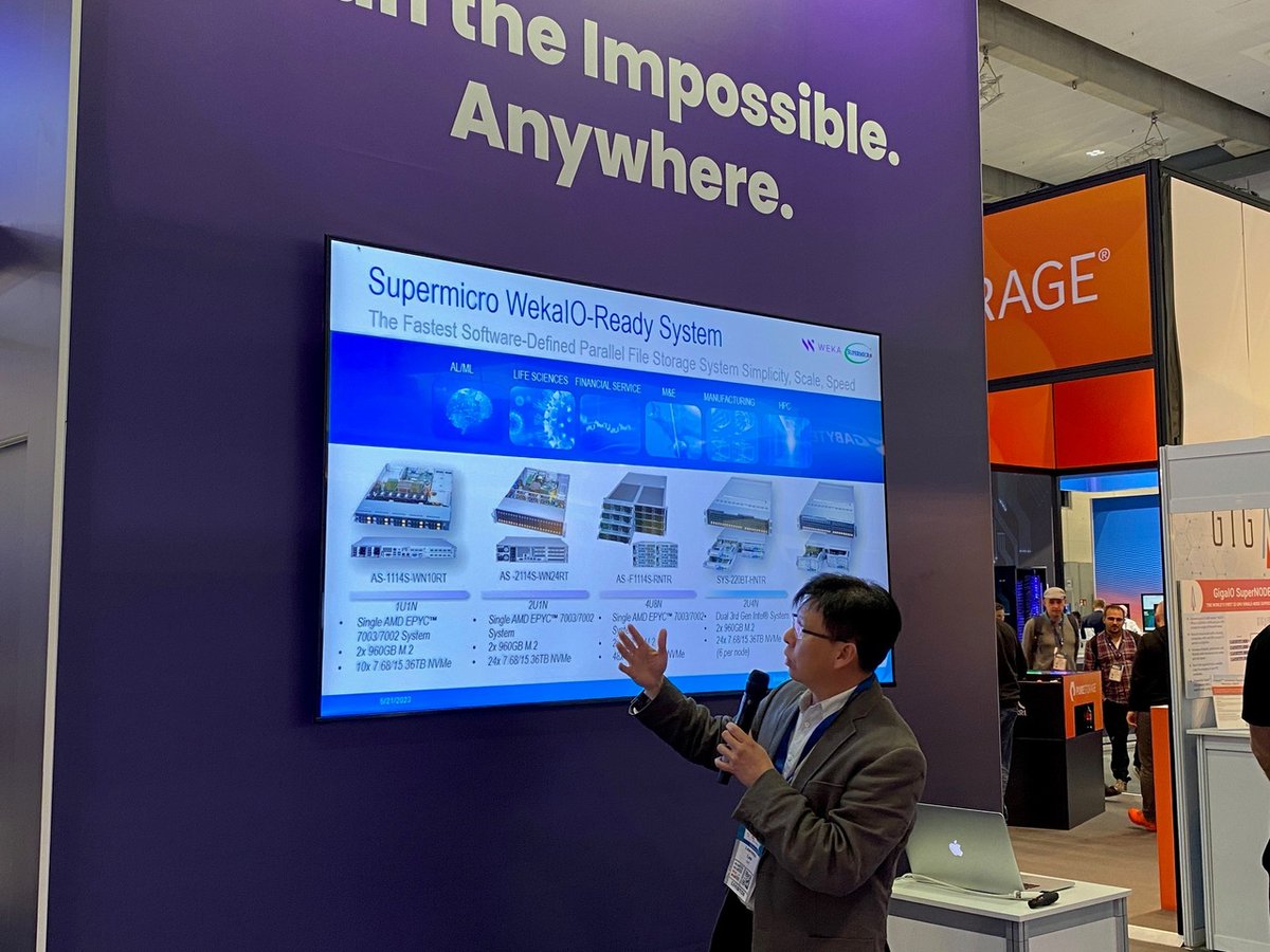 Supermicro's tweet photo. We’re showcasing the latest Supermicro WekaIO-ready systems developed in collaboration with storage partners WEKA at #ISC23.
Learn more about Supermicro Distributed Storage Solutions here:
https://t.co/MAvKp3QhFl
#ISC2023 #Supermicro #AccelerateEverything #AI #HPC https://t.co/VL6TO23F9d