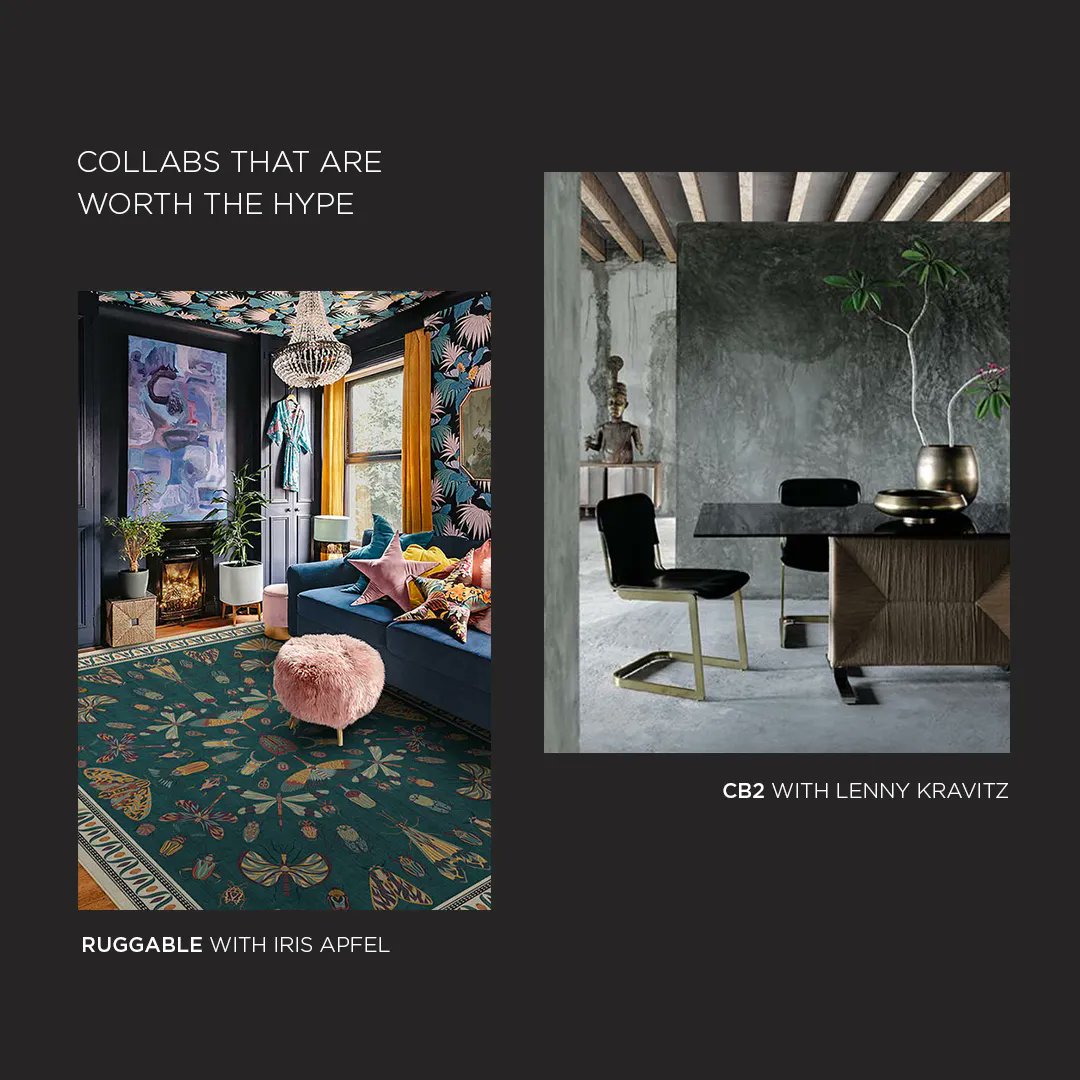 DECOHomesca's tweet photo. We see creative collaborations amongst celebrities and powerhouse brands as an emerging trend in 2023! Read our #DesignTrendsMagazine on our website to learn more about our favourite cool collabs! #DecoHomes
Photo Credits: @ruggable @CB2 @busterandpunch @CrateandBarrel https://t.co/vs10cMxjxr
