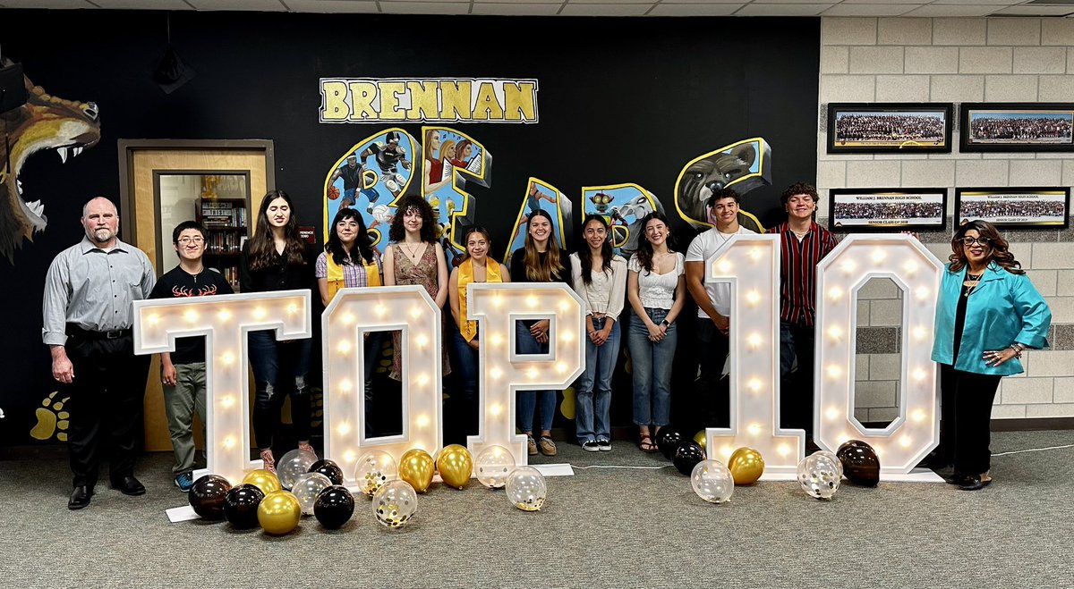 NISDBrennan's tweet photo. Congratulations to our Top 10 Seniors, as today we celebrated their accomplishments at our 2023 Top 10 Breakfast!!  We are so proud of each of you, and continue to let your light shine! 💛🖤 https://t.co/UE6XUVTwDq