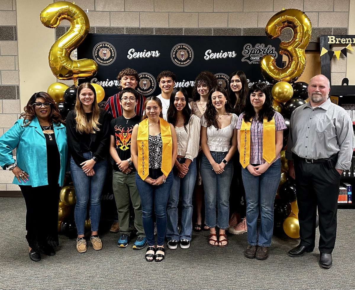 NISDBrennan's tweet photo. Congratulations to our Top 10 Seniors, as today we celebrated their accomplishments at our 2023 Top 10 Breakfast!!  We are so proud of each of you, and continue to let your light shine! 💛🖤 https://t.co/UE6XUVTwDq