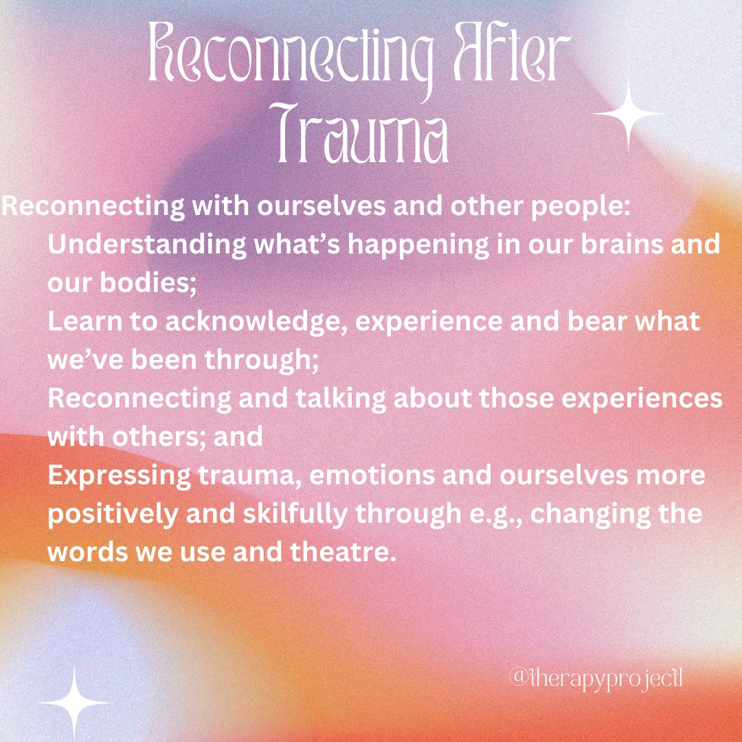 TherapyProject1's tweet photo. Hello Friends! One path to recovery from trauma is reconnecting with ourselves and others. Strive to understand what happened in our brains and our bodies; Acknowledge, experience & bear the trauma; talk about those experiences & express ourselves positively. #therapyproject https://t.co/7kr0jUStNu