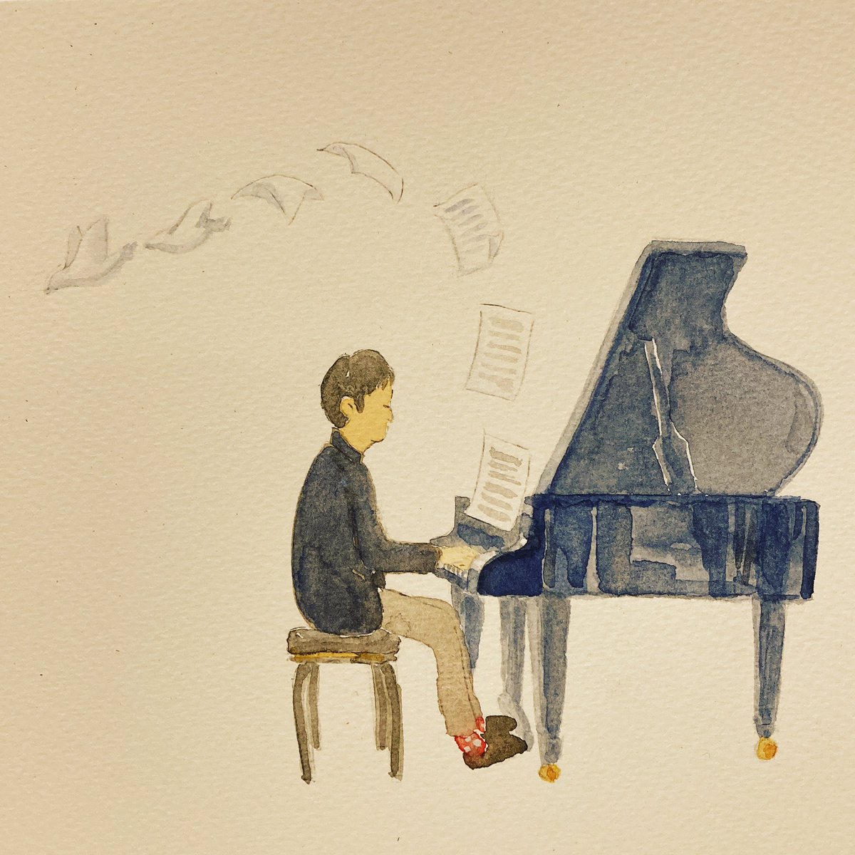 おはようございます☀柳原陽一郎さんのアルバムGood Days のパンフレットを参考に描いてみました。良い一日を！#gooddays #illustraion #manplayingpiano #watercolor #イラスト #水彩イラスト #アナログイラスト #ピアノ #ピアノを弾く人 #音楽