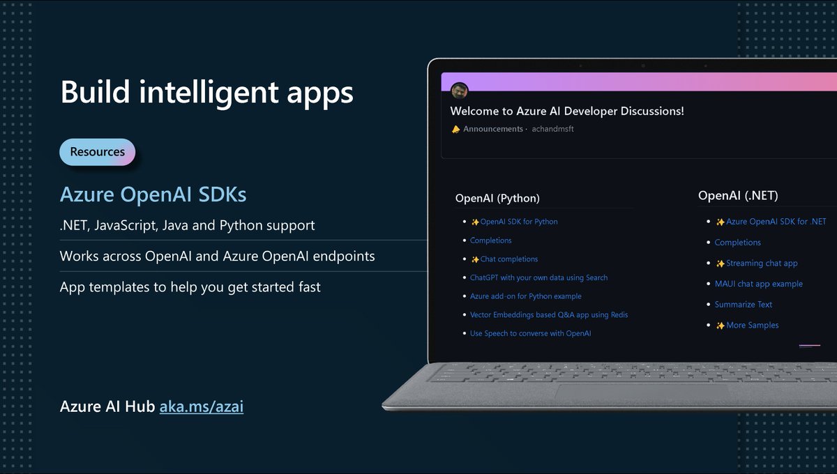 AzureSDK's tweet image. Want to quickly build a cloud-native AI application on #Azure? Check out the code behind today’s #MSBuild demo from @mandywhaley to combine the power of the Azure Developer CLI, #AzureSDK, and Azure OpenAI!
➡️ msft.it/6017gbqoX