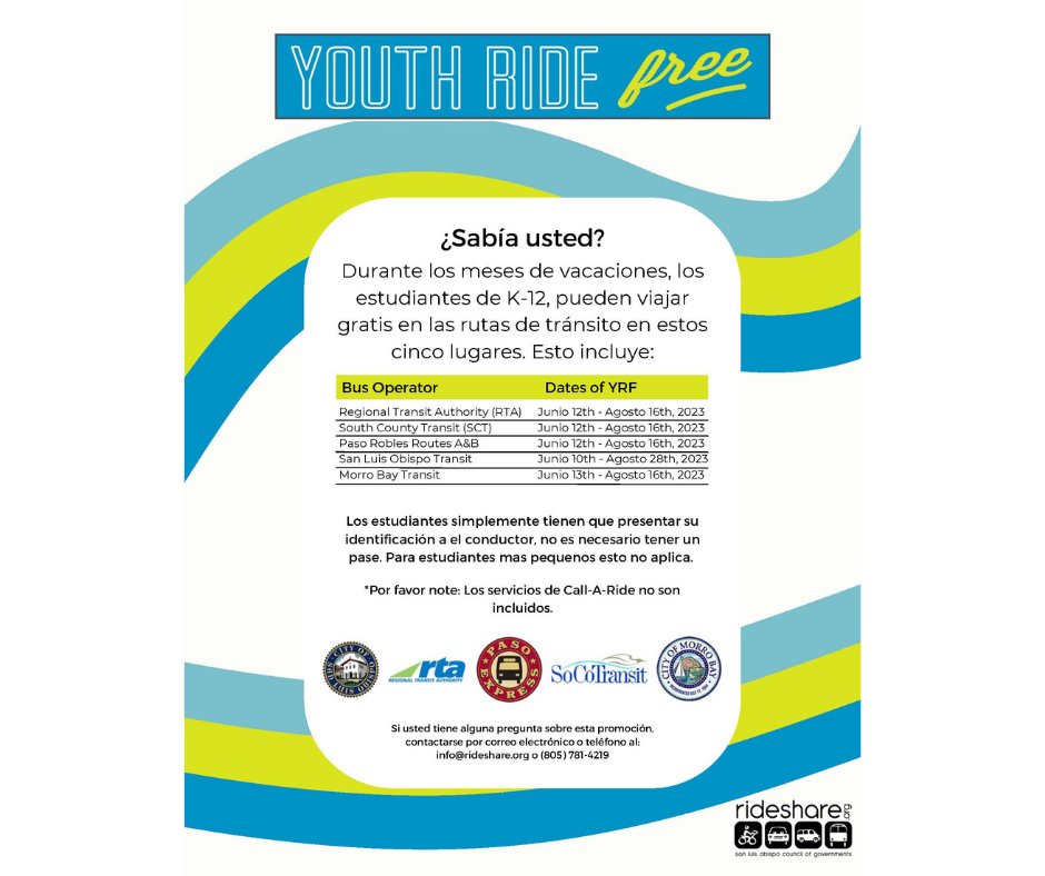 Annual Youth Ride Free program  allows K-12 students to ride public transit for free this summer!

For more info email info@rideshare.org
#LiveUnited #rideshare #freeyouthride