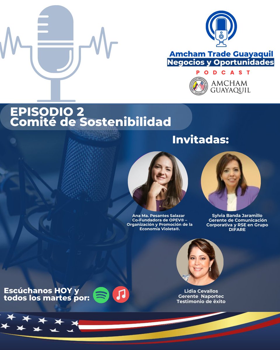 amchamgye's tweet photo. 🎙️¡Escucha nuestro nuevo episodio #podcast AmCham Trade Guayaquil: Negocios y Oportunidades!
🌟 Como anfitriona @sylviabanda del Comité de Sostenibilidad de AmCham Guayaquil junto a Ana Ma. Pesantes @OpevVioleta y Lidia Cevallos Gerente #Naportec
🎧 https://t.co/fm5TlyqdWi https://t.co/OYysQKmRnq