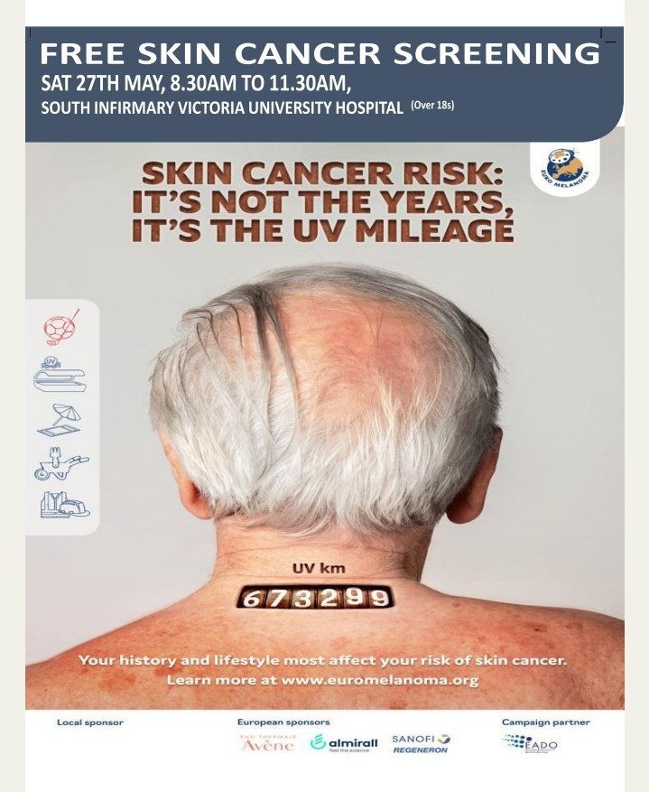 For over 18's. Free skin cancer screening <a href="/SIVUH/">South Infirmary Victoria University Hospital</a> this Saturday
<a href="/CorkHealthyCity/">Cork Healthy Cities</a> <a href="/CorkNorthCWD/">Cork North Community Work</a> <a href="/Priscilla1Lynch/">Priscilla Lynch</a> <a href="/btcdp/">btcdp</a> <a href="/GrainneWalsh17/">Grainne Walsh</a>